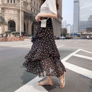 2021 Summer Women's Long Skirt Ruffle Polka Dot Irregular High Waist Female A-line Skirts Korean Japan Kawaii Bohemian Lady - Image 2
