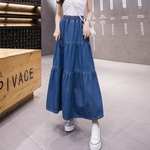 Denim Long Skirt Women 2021 Summer New Korean Style Elastic High Waist Solid Patchwork A Line Midi Skirt Plus Size Jean Skirts - Image 2