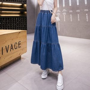 Denim Long Skirt Women 2021 Summer New Korean Style Elastic High Waist Solid Patchwork A Line Midi Skirt Plus Size Jean Skirts - Image 3