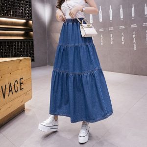 Denim Long Skirt Women 2021 Summer New Korean Style Elastic High Waist Solid Patchwork A Line Midi Skirt Plus Size Jean Skirts - Image 4