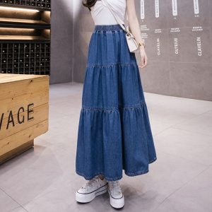 Denim Long Skirt Women 2021 Summer New Korean Style Elastic High Waist Solid Patchwork A Line Midi Skirt Plus Size Jean Skirts - Image 5