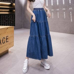 Denim Long Skirt Women 2021 Summer New Korean Style Elastic High Waist Solid Patchwork A Line Midi Skirt Plus Size Jean Skirts - Image 6