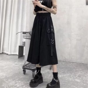 High Waist Loose A-line Skirts women Chain Side Ring Pocket Midi Long Hip Hop Black Skirt - Image 2