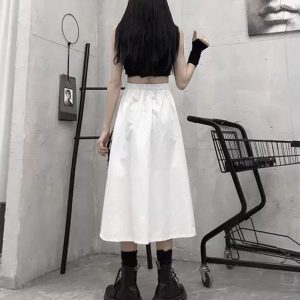 High Waist Loose A-line Skirts women Chain Side Ring Pocket Midi Long Hip Hop Black Skirt - Image 3
