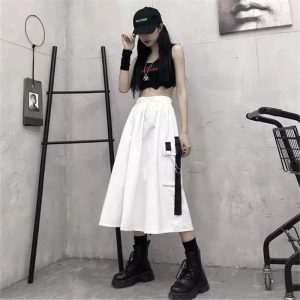 High Waist Loose A-line Skirts women Chain Side Ring Pocket Midi Long Hip Hop Black Skirt - Image 4