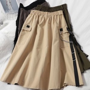 High Waist Loose A-line Skirts women Chain Side Ring Pocket Midi Long Hip Hop Black Skirt - Image 5