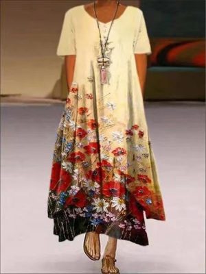 Popular new product printed short-sleeved summer dress, women's irregular hem dress Free shipping - Image 5