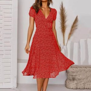 Women Dress Casual Polka Dot Print Short Sleeve V-Neck Female Party Dress Loose Refreshing Dress Knee-length Vestido Женский - Image 2