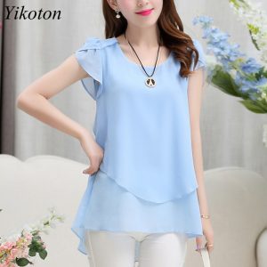 Yikoton 2021 New Summer Women Blouse Loose Shirt O-Neck Chiffon Blouses Female Short Sleeve Blouse Plus Size Shirts Tops Blusas - Image 5