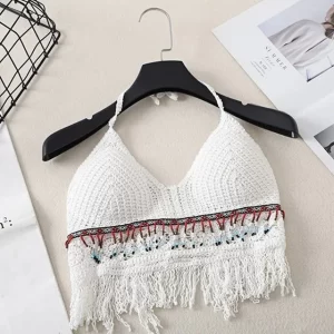 Sexy Boho Beach Holiday Camisole Halter Women Crochet Knit Swimsuit Bra Backless Vest Hollow Tassel Tank Top Women's Crop Tops - Image 9