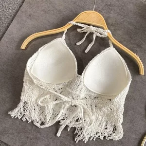 Sexy Boho Beach Holiday Camisole Halter Women Crochet Knit Swimsuit Bra Backless Vest Hollow Tassel Tank Top Women's Crop Tops - Image 4