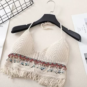 Sexy Boho Beach Holiday Camisole Halter Women Crochet Knit Swimsuit Bra Backless Vest Hollow Tassel Tank Top Women's Crop Tops - Image 5