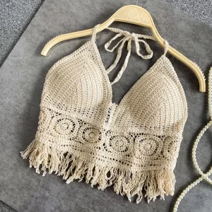 Sexy Boho Beach Holiday Camisole Halter Women Crochet Knit Swimsuit Bra Backless Vest Hollow Tassel Tank Top Women's Crop Tops - Image 2