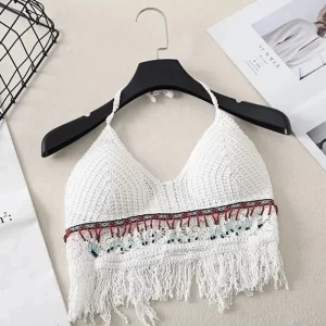 Sexy Boho Beach Holiday Camisole Halter Women Crochet Knit Swimsuit Bra Backless Vest Hollow Tassel Tank Top Women's Crop Tops - Image 6