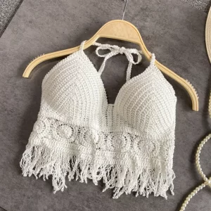 Sexy Boho Beach Holiday Camisole Halter Women Crochet Knit Swimsuit Bra Backless Vest Hollow Tassel Tank Top Women's Crop Tops - Image 3